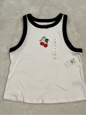 Old Navy White Tank Top with Black Trim and Cherry Embroidery